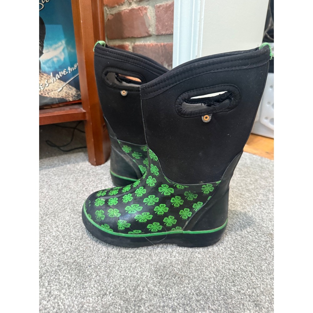 Bogs Youth 1 Waterproof Rain Boots Black Green Four Leaf Clover